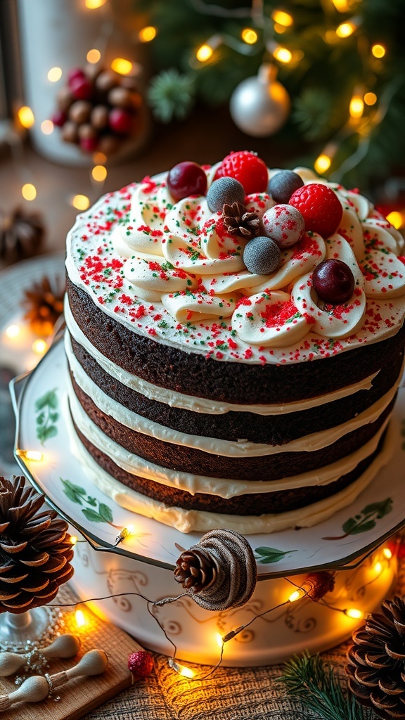 Festive Merry Christmas and Happy New Year Cake Recipe A festive holiday cake decorated with frosting, berries, and sprinkles, perfect for Christmas and New Year celebrations.